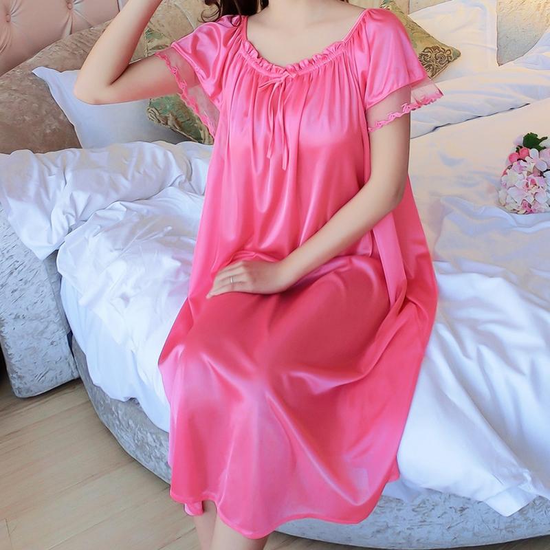 Váy Ngủ Ren Ngoại Cỡ Cho Nữ, Có 10 Màu, Thích Hợp Cho Mùa Hè, Váy Ngủ Satin Ren Mỏng, Màu Trơn ngắn Tay, Đồ Ngủ Thoải Mái 6