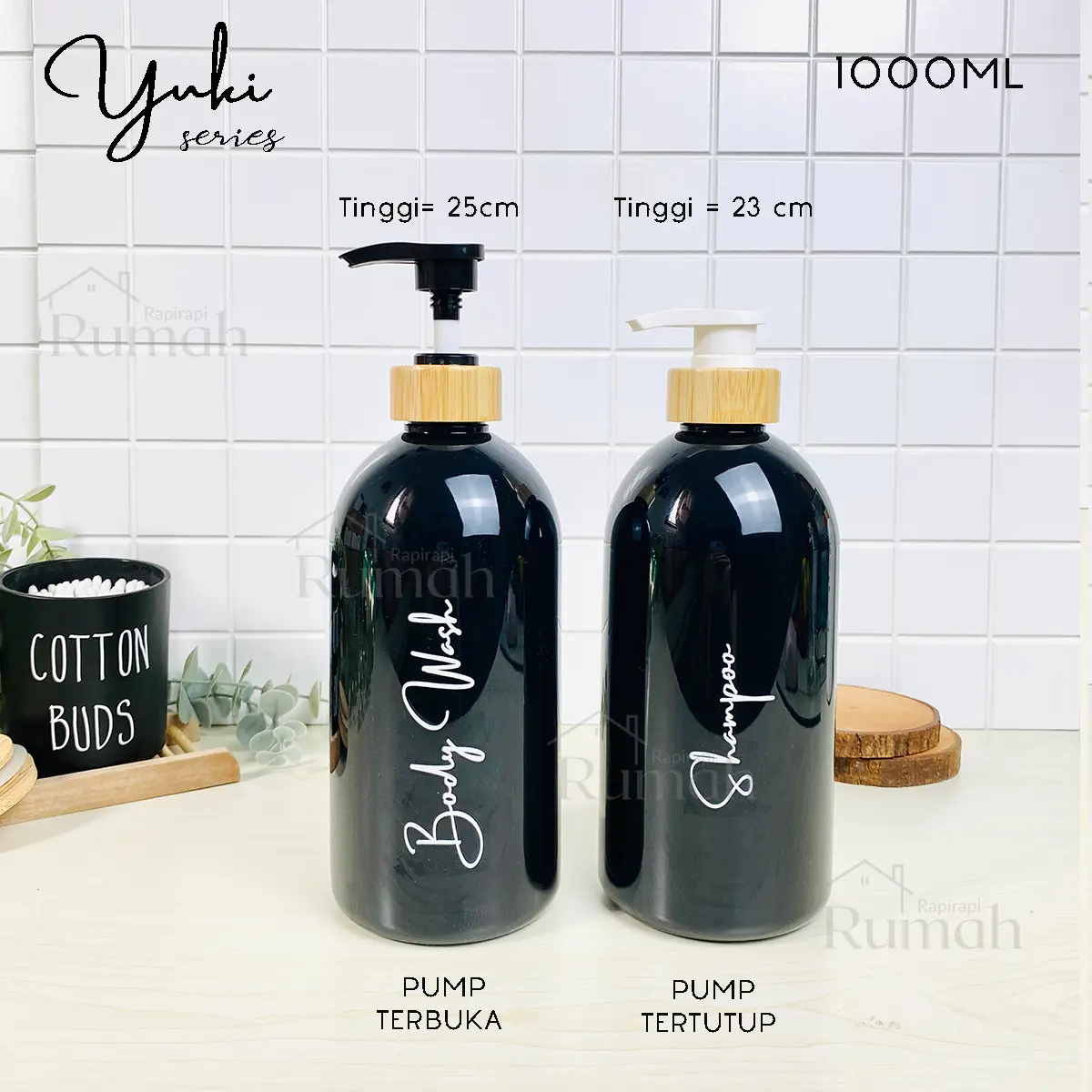 YUKI BLACK series - Botol Hitam Refill Dispenser Sabun Cair 1000 ML 1liter Pump Bambu Aesthetic Japandi Plastik