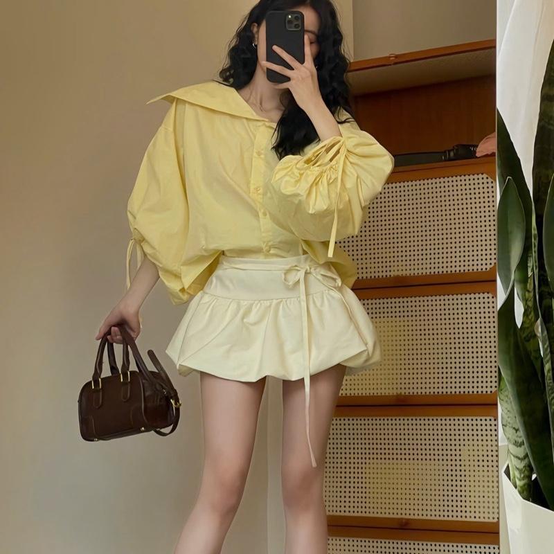 Áo sơmi tay bồng thiết kế dây rút buộc nơ “HIGI TOP”Áo sơmi nữ đơn giản phong cách Hàn Quốc - 2 màu basic siêu xinh