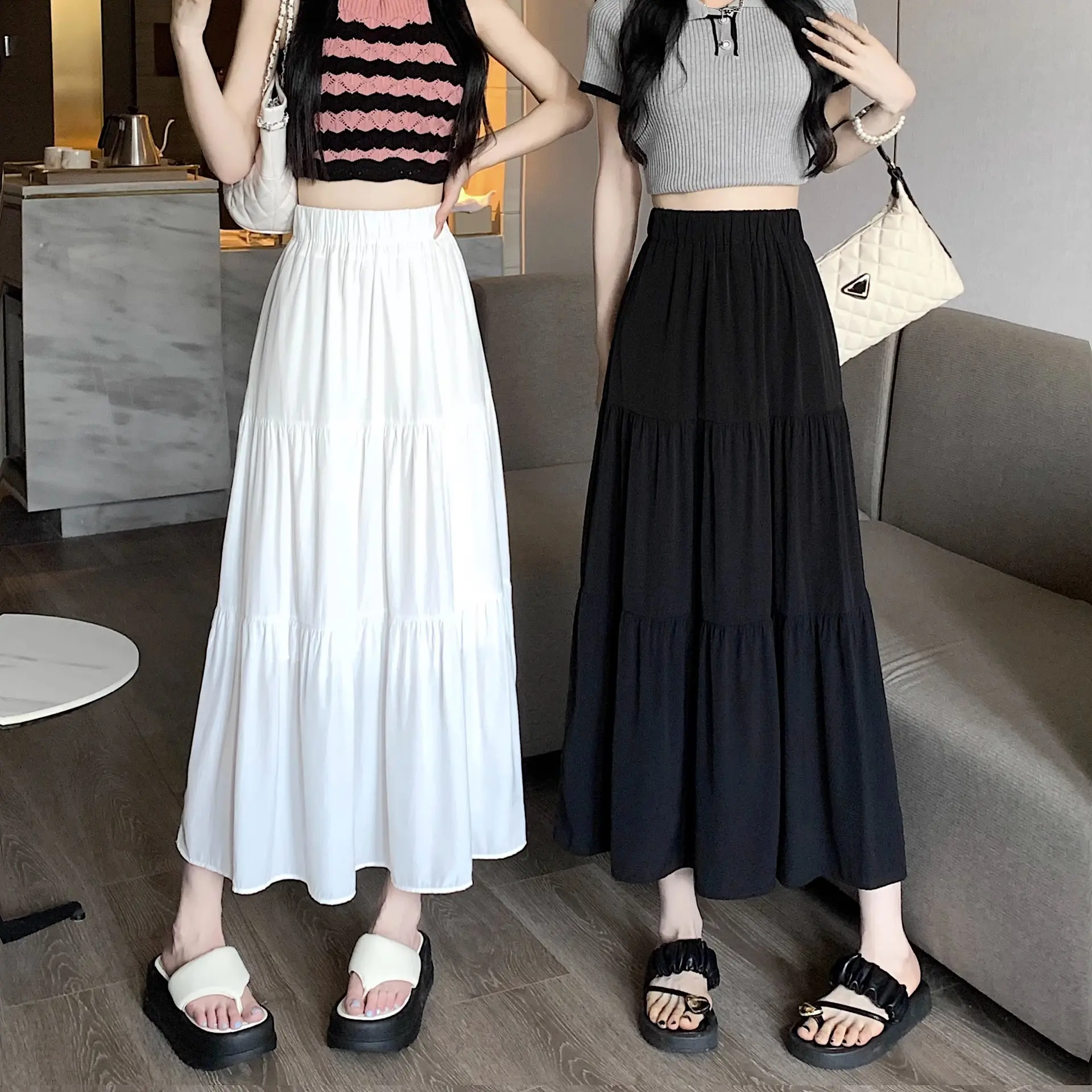 Váy Chữ A, Dành Cho Nữ, Chắp Vá Màu, Cạp Cao, Dài Trung Bình Phong Cách Hàn Quốc, Mùa Xuân Và Mùa Hè 2024 Hàng Mới Về, Eo Co Giãn