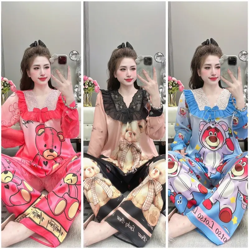Đồ bộ nữ mặc nhà tay dài dành cho nữ chất lụa LATIN TƠ TẲM cổ bèo ren hoạ tiết dễ thương mặc bốn mùa phù hợp sz 40-60kg