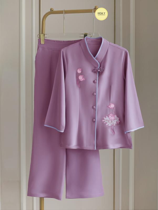 DL34 màu tím hồng (Họa Y Pháp Phục) bộ Đồ Lam Đi Chùa,  Phật Tử Nữ,  size S M L XL 2XL,3XL, big size t truyền thống thường mặc, chất lụa tơ tằm hoa sen Voi trung niên, cho mẹ, bà người lớn tuổi set