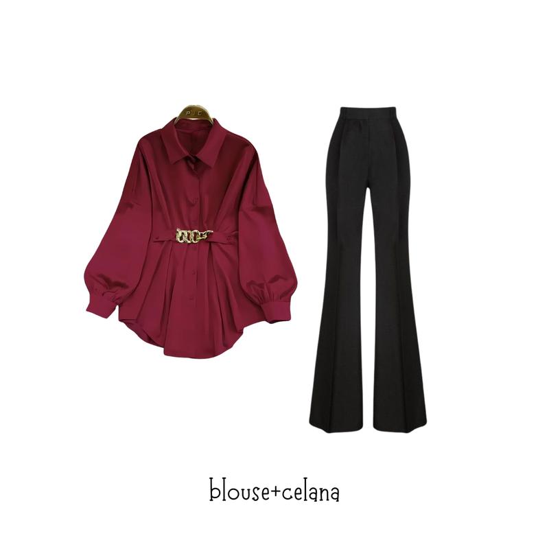 oneset 3in1 blouse maroon celana cutbray highwaist jilbab bella | perempuan wanita cewek ootd hijab casual hangout pantai piknik kuliah korean style HK90 MURAH 3