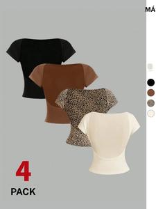 Playera lisa o de estampado de leopardo para mujer, camiseta de corte ajustado y manga corta, ropa de verano para damas para uso diario, top corto, atuendos casuales para mujeres