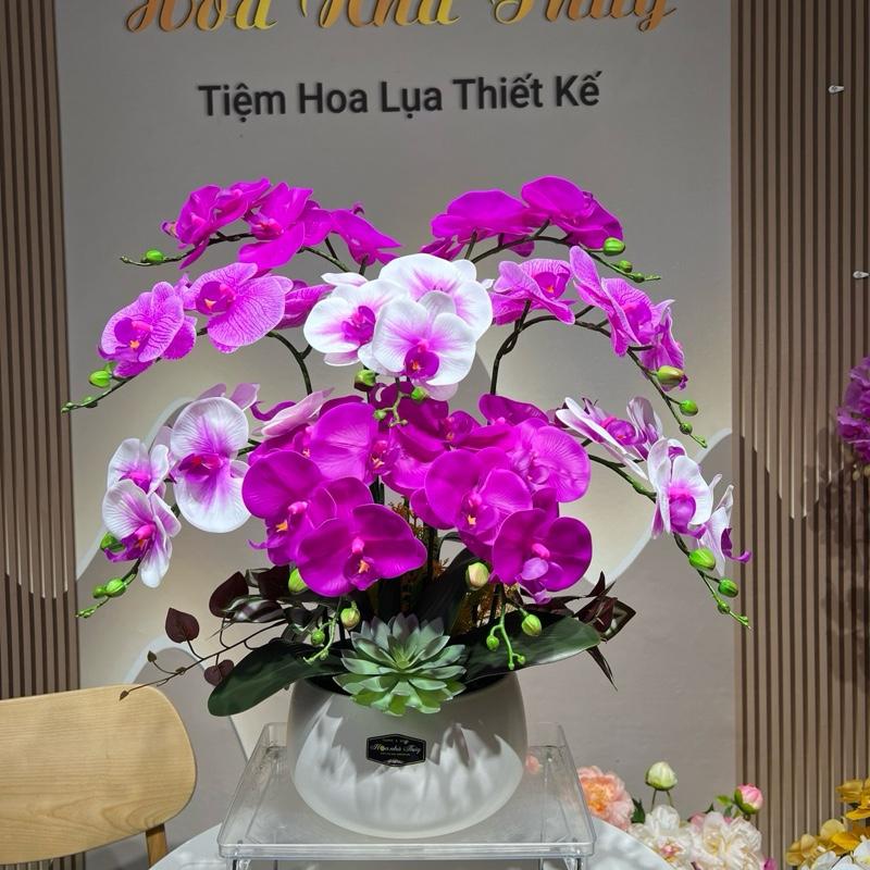 Hoa giả, 9c5b Hoa lan giả, Hoa trang trí, hoa trang trí phòng khách, Hoa lan hồ điệp cao su, Chậu hoa lan để bàn mẫu 9 cành hoa