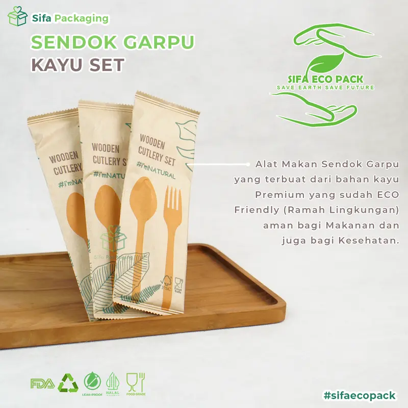 Set Sendok Garpu Kayu Steril Sendok Kayu Set Sekali Pakai Alat Makan Set Premium Bungkus Kertas 1
