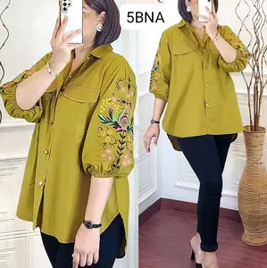 Kemeja katun linen bordir / Atasan wanita lengan 3/4 baju kerja busui berkerah Oversize