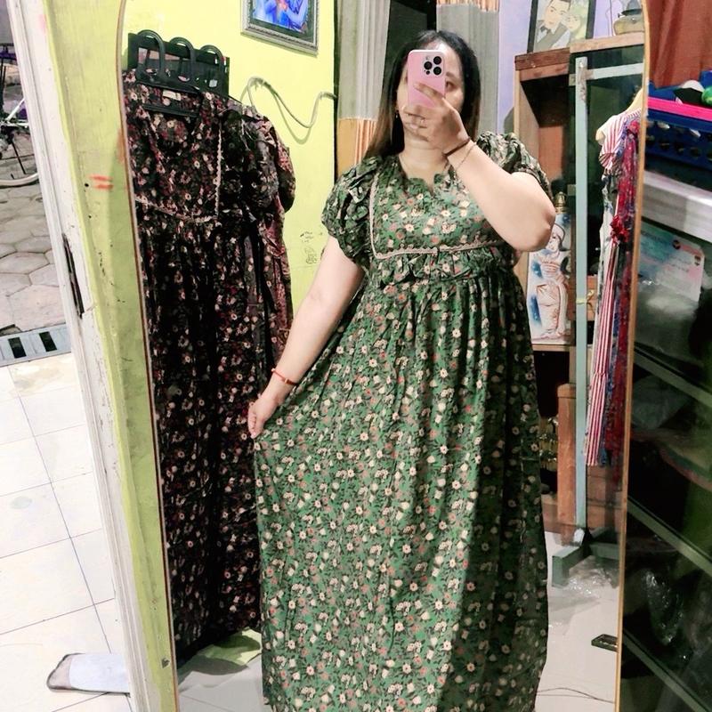 Daster Wanita Ara Log Busui Frenly Renda Rimpel Panjang 135cm - Arab, Pendek, Dress, Bumil, Kancing, Rempel, Rayon, Balon, Motif 3