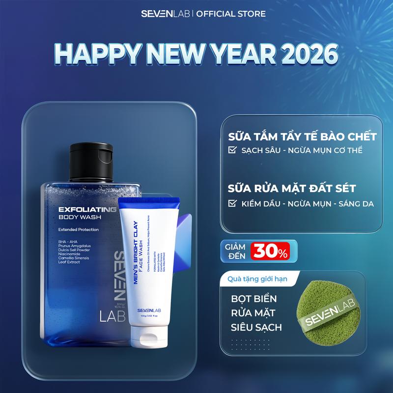  Combo sữa rửa mặt ngừa mụn và sữa tắm tẩy tế bào chết nam giới SEVENLAB sáng da ngừa mụn 