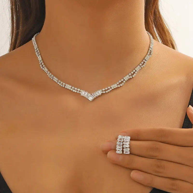 Bộ Bông Tai Vòng Cổ Pha Lê, Cô Dâu, Đồ Trang Sức Cưới Cô Dâu, Vòng Cổ Choker Kim Cương Giả, Bộ Trang Sức Trang Phục Dạ Hội, Dành Cho Phụ Nữ Và Trẻ Em Gái, Bộ 3 Món, Bao Gồm 2 Bông Tai Và 1 Vòng Cổ 8