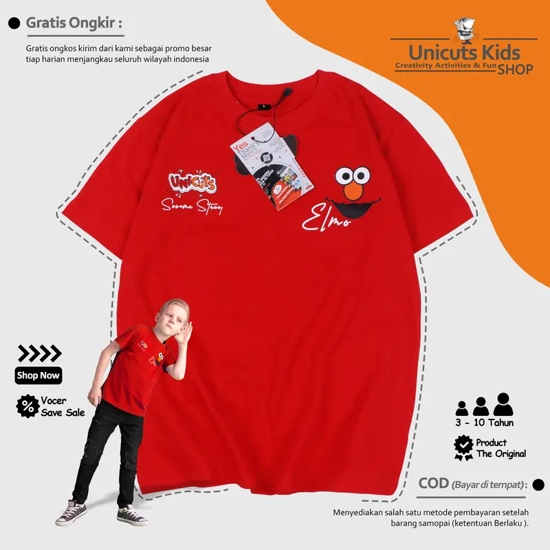 Kaos Baju Anak Sesamestreet Elmo 3 Sampai 10 Tahun Katun dari Unicuts / Baju Anak Sesamestreet / Kaos Laki-Laki dan Perempuan Merah 0