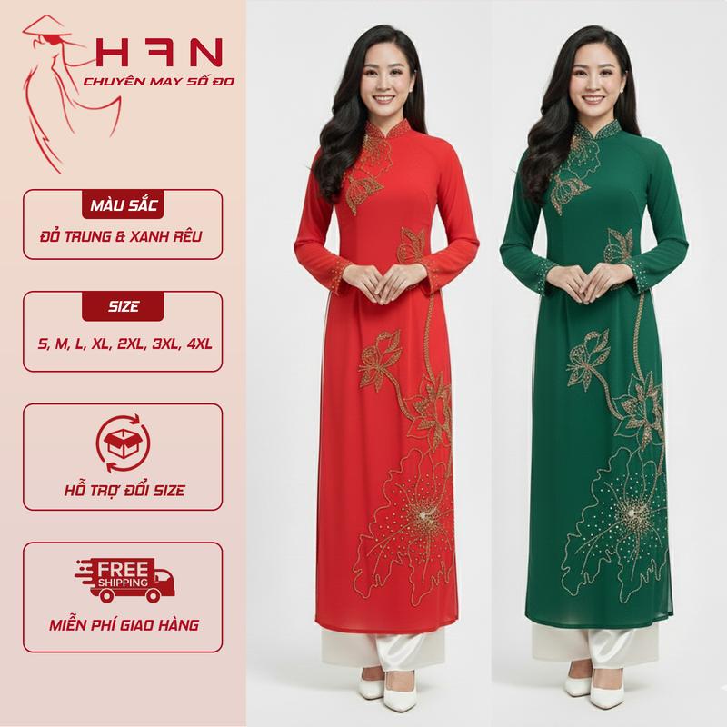 Áo dài thiết kế kết hoa sen sang trọng ngồi sui đi tiệc hoặc làm quà tặng ý nghĩa chất liệu lụa chiffon 4 tà màu xanh rêu & đỏ Nữ Voi Women Dress Lụa Voan