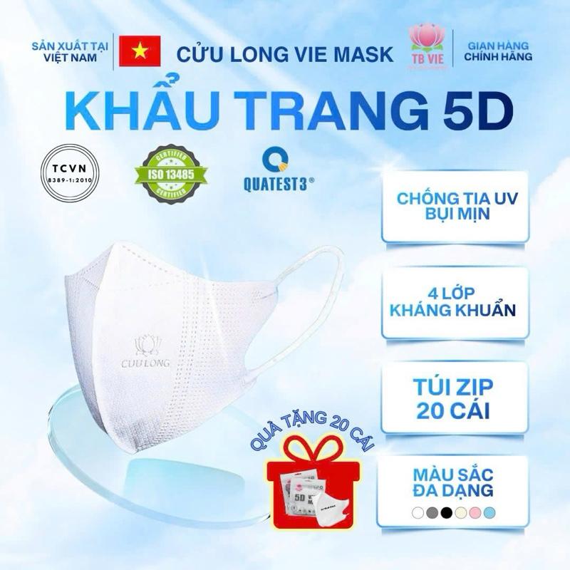 4 LỚP 100Cái tặng thêm 20Cái VIE MASK - Khẩu Trang 5D 4 Lớp Kháng Khuẩn Cửu Long -Túi Zip 20 Chiếc - Miễn Phí Vận Chuyển - Màu Sắc Đa Dạng