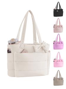 Bolso tote puffer para mujer, bolso tote acolchado con lazo y portavasos, con compartimento para laptop de 15.6 pulgadas para el trabajo, viajes y gimnasio