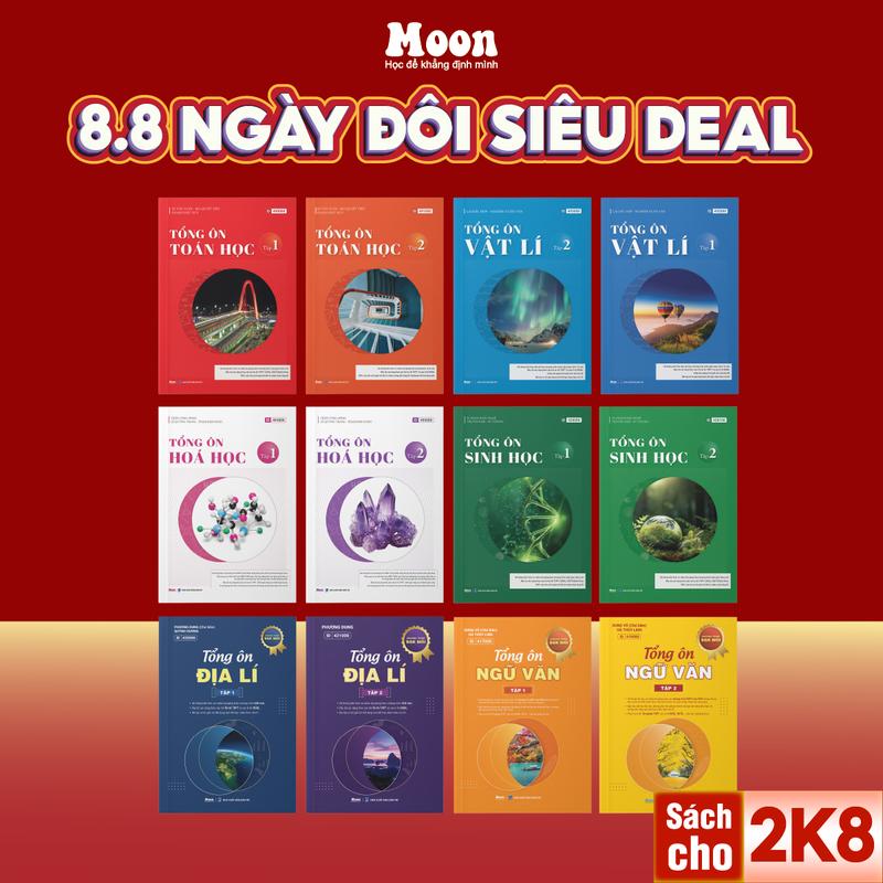 Sách 12 cho 2k8 tái bản mới: Tổng ôn toán lý hoá sinh sử địa văn ôn thi thpt, ôn dgnl Moonbook