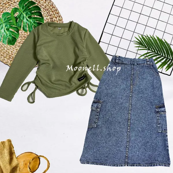 SETELAN JEANS ANAK PEREMPUAN/ ROK CARGO JEANS PANJANG DAN KAOS CROPTOP SERUT MOTIF SABLON ANAK Usia 2-12 Tahun 4