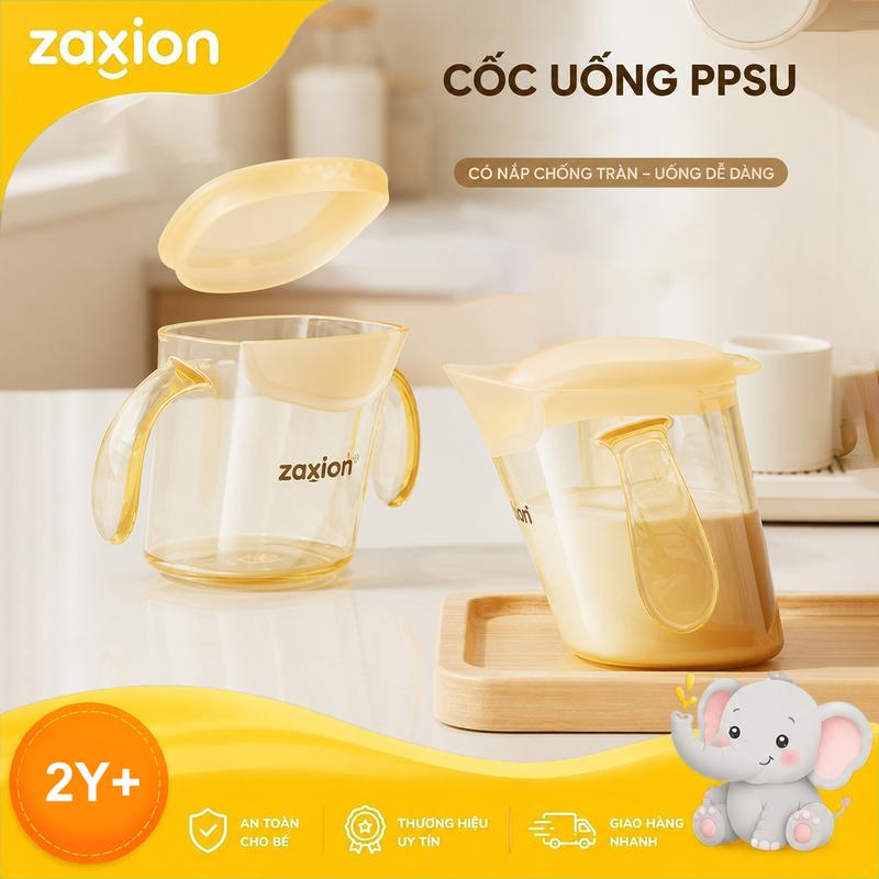 Cốc Tập Uống Cho Bé PPSU 200ml ZAXION, Ly Uống Nước Em Bé 2Y+, Miệng Nghiêng Silicon Mềm, Kèm Nắp Silicon Kiểm Soát Dòng Nước, Bình Nước Cho Bé Đi Học