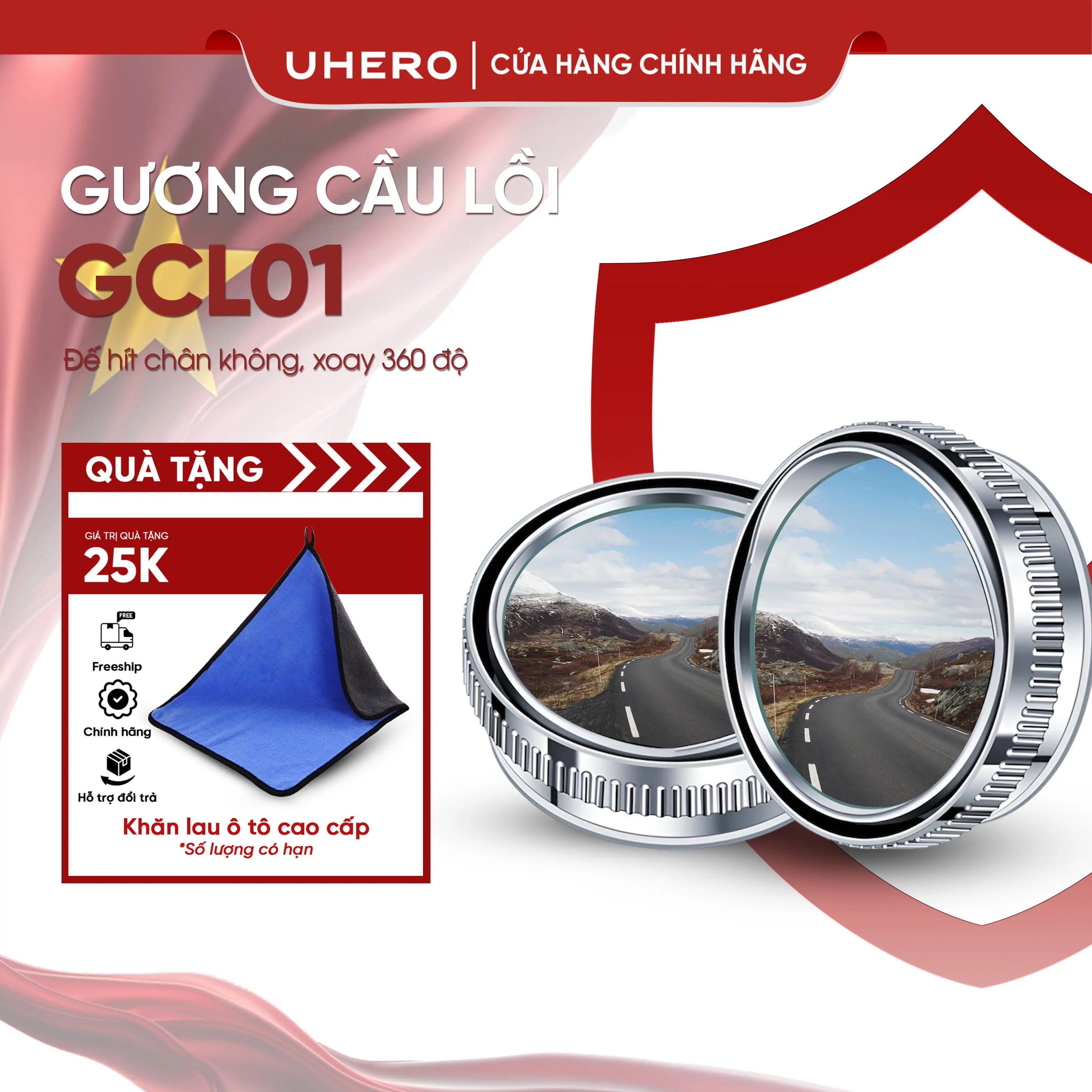 [TẶNG KHĂN] UHERO Cặp gương cầu lồi góc rộng GCL01 gắn kính hậu ô tô xoay 360 xoá điểm mù, sử dụng đế hút, không để lại vết keo khó tẩy
