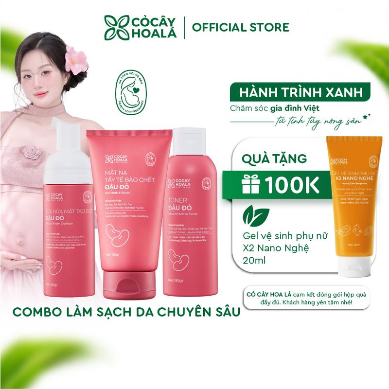 Combo Chăm Sóc Da Đậu Đỏ: Sữa Rửa Mặt Tạo Bọt Đậu Đỏ 150g, Mặt Nạ Tẩy Tế Bào Chết Đậu Đỏ 2in1 150g, Nước Hoa Hồng Đậu Đỏ Cỏ Cây Hoa Lá 150g Skincare
