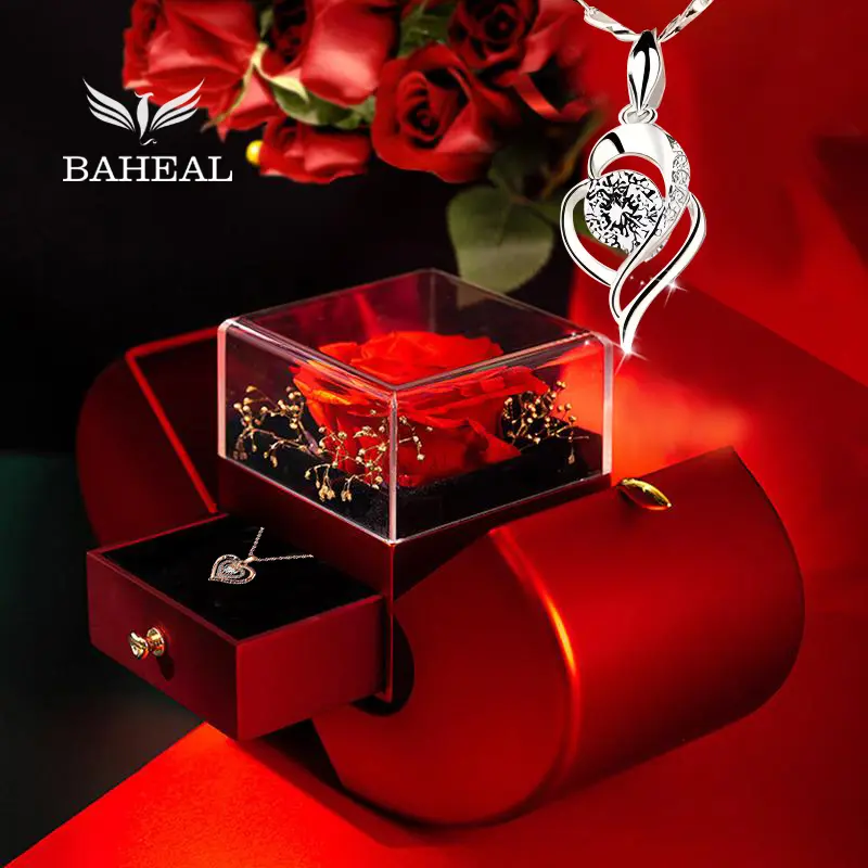 BAHEAL Necklace for Women, Girlfriend Accessories, Rhinestone Decor Luxury Clavicle Chain Matching Necklace, School Jewelry with Rose Apple Gift Box for your wife, daughter, mom, grandma, or girlfriend, mother's day gift