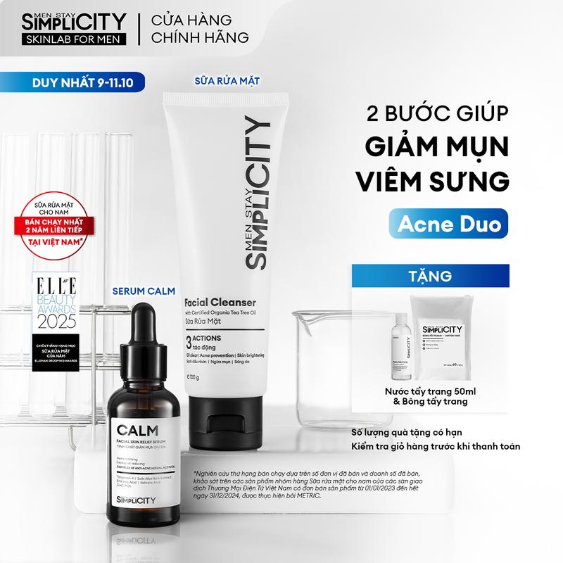 Combo giúp giảm mụn sưng viêm Men Stay Simplicity Acne Relief Duo gồm: Sữa rửa mặt 100g & Serum Calm 30ml