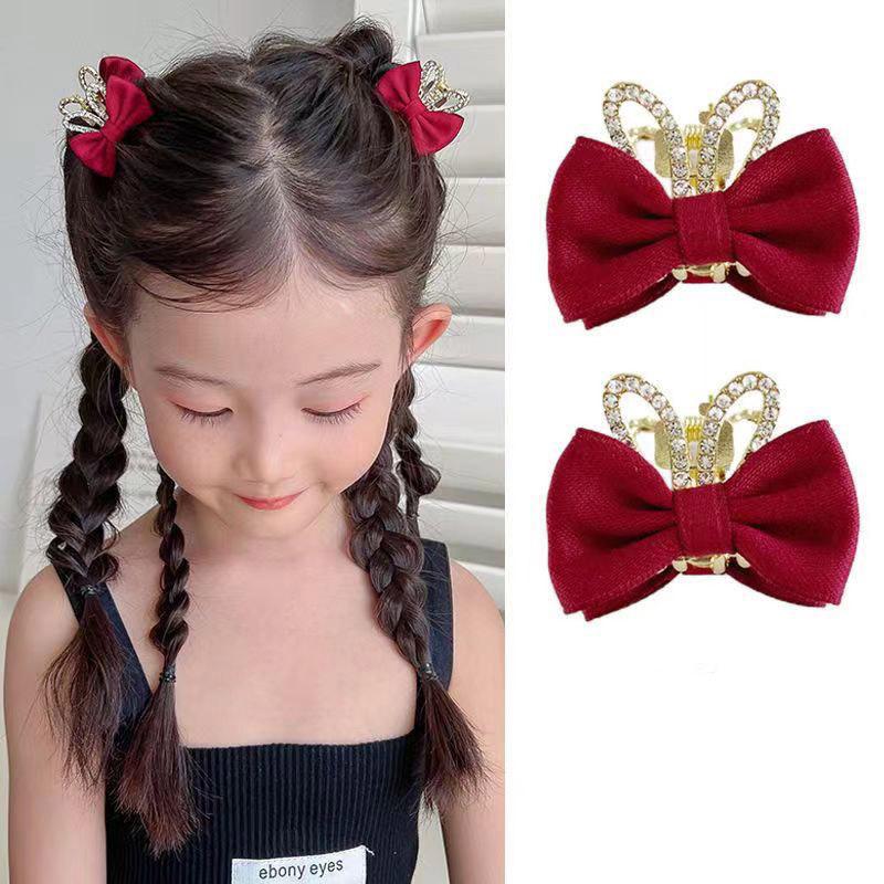 Nơ Vương Miện Dễ Thương Cho Bé Gái, 2 Cái, Kẹp Lấy Nhỏ Cho Bé Gái, Kẹp Tóc Bên Màu Đỏ Năm Mới, Kẹp Tóc Công Chúa Cho Trẻ Em, Kẹp Tóc Cho Bé Gái