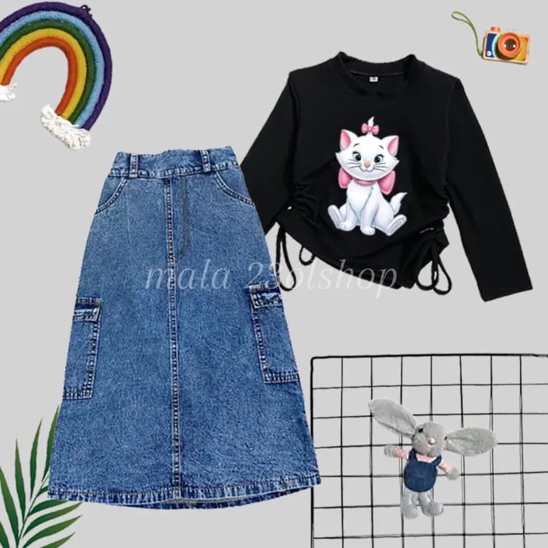 SETELAN ANAK PEREMPUAN / ROK JEANS KARGO & KAOS KNIT SABLON 3