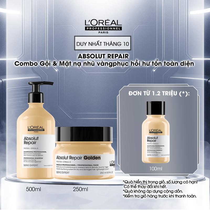 [DUY NHẤT 14-15.10] Combo Dầu gội 500ml & Mặt nạ nhũ vàng 250ml phục hồi tóc hư tổn L'Oréal Professionnel Serie Expert Absolut Repair Gold Hữu cơ
