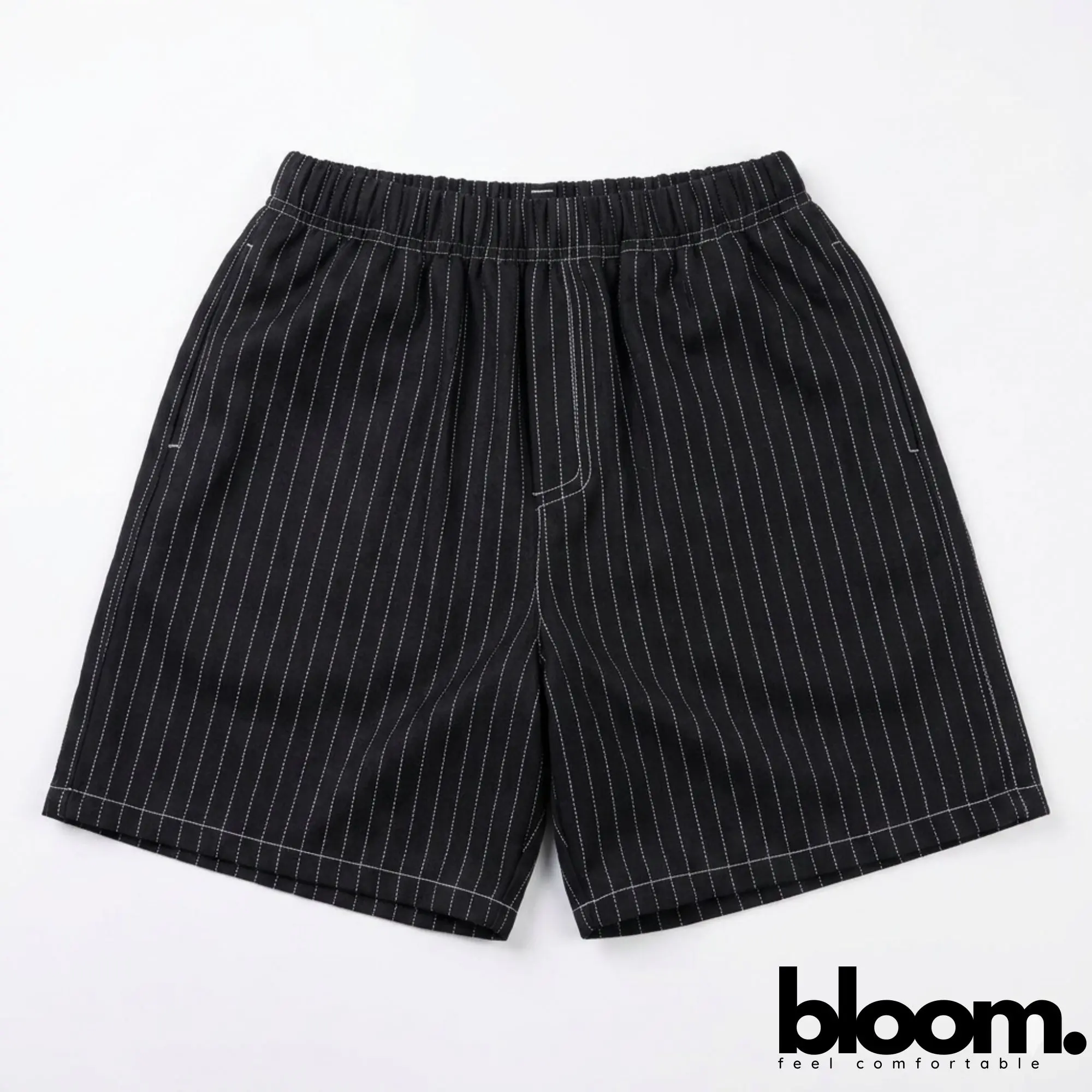 bloom. Celana Pendek Unisex Pria Wanita Motif Garis Pinstripe Salur Boxer Boardshort Santai bahan Semi Woll