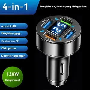 【HOT-SALE】AutoGlide Charger Mobil 4 in 1 120W Fast Charging QC3.0 & PD, 4 Port USB (2 Port 3.1A, 1 Port QC3.0, 1 Port Super) dengan Layar Tampilan Tegangan Baterai
