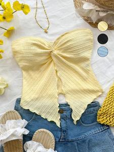 Top de tubo frontal con giro texturizado sólido para mujer, Top corto informal sin mangas con ribete de volantes para el verano, Top de mujer de moda para vacaciones en la playa, Ropa de mujer
