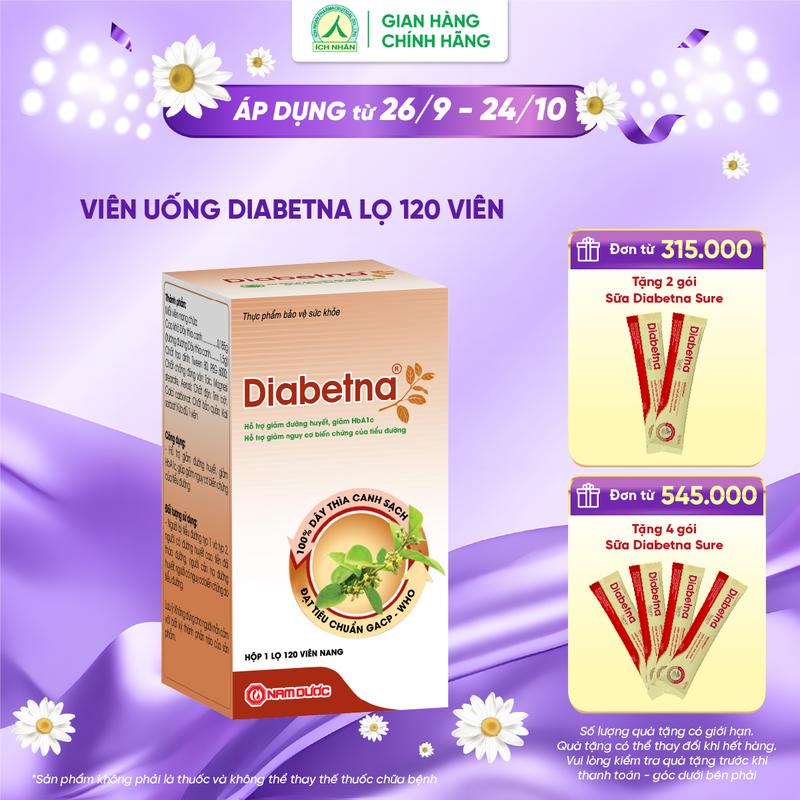 Viên uống dây thìa canh Diabetna Ích Nhân dành cho người tiểu đường - giúp ổn định đường huyết và hỗ trợ giảm đường huyết - Lọ 120 viên