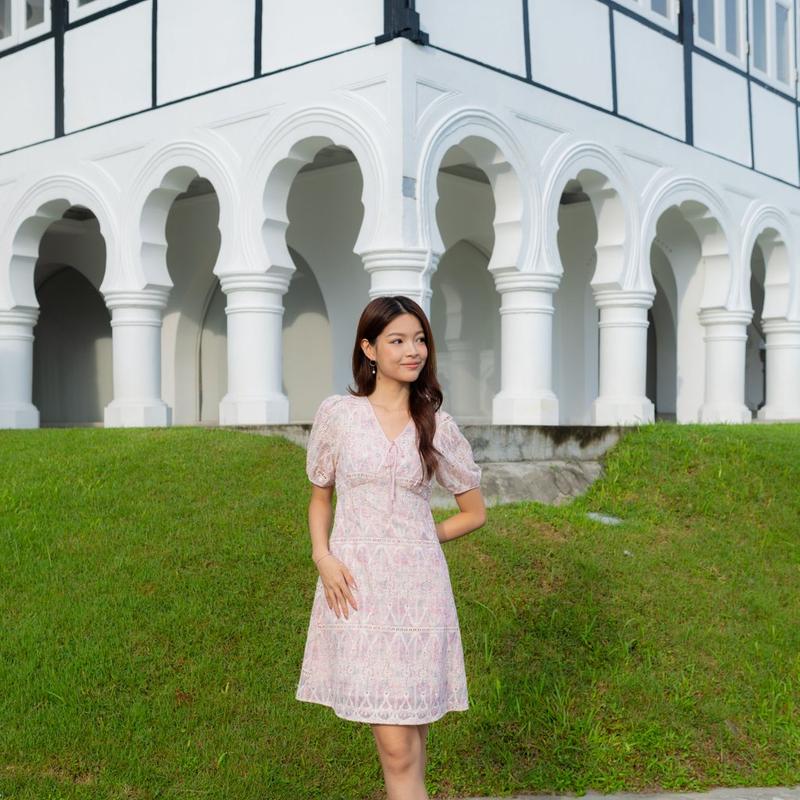 Callista Prints Embroidery Sleeve Dress In Pink 4