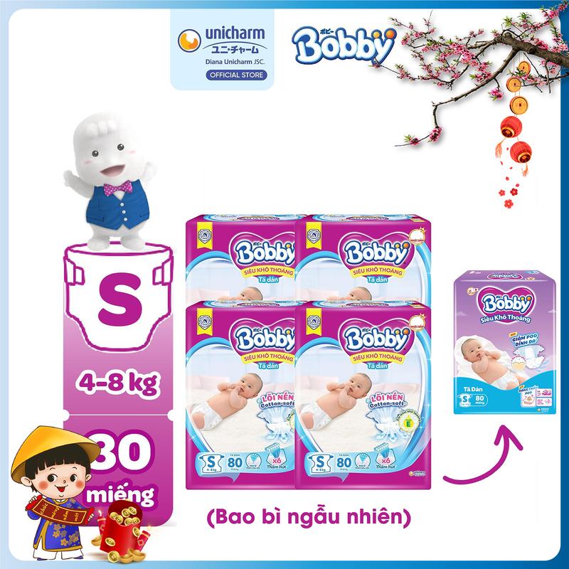COMBO 4 Bobby Tã bỉm dán S80 Siêu khô thoáng Lõi nén cotton-soft bao bì ngẫu nhiên