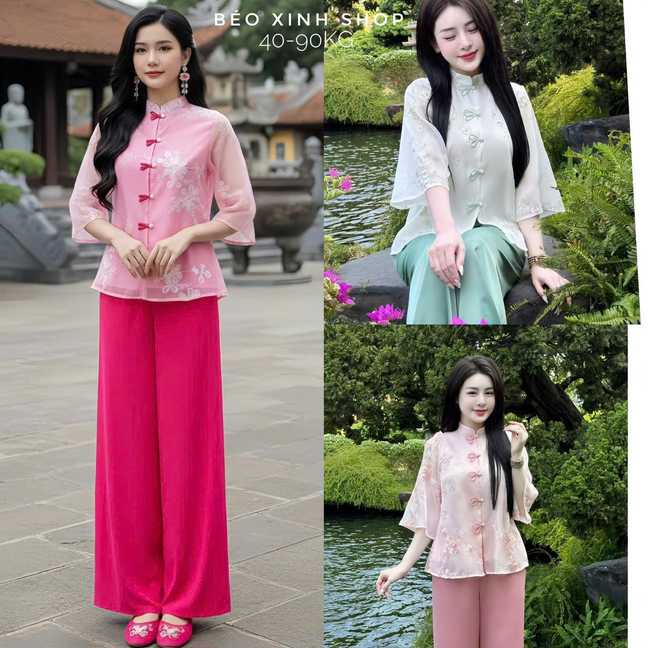 Set Đồ Lam Nữ Đi Chùa Thêu Hoa Dáng Suông Thanh Tịnh Nhẹ Nhàng Mềm Mát Vải Áo Tơ Ánh Kim 2 Lớp Quần Lụa Chéo 40-90Kg Nữ Women Dress Voan - A.1708