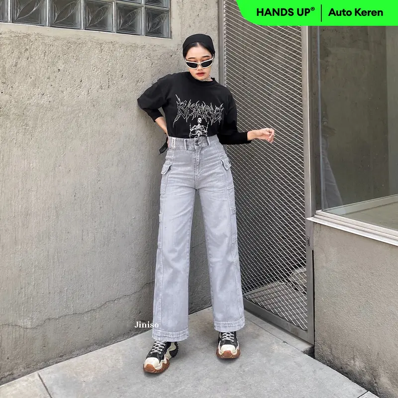 JINISO HANDS UP - 415 Cargo Baggy Highwaist Celana Jeans Wanita 0