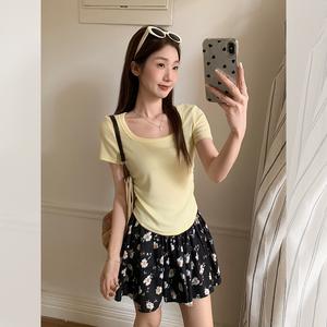 Áo Thun Xếp Ly Cổ Vuông ngắn Tay Cho Nữ, Dễ Thương Và Gợi Cảm, Thiết Kế Mới Mùa Hè, Phong Cách Độc Đáo Áo Thường Ngày 1830 #