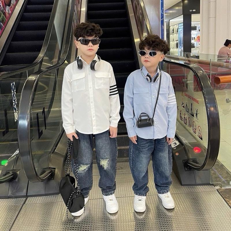 Sét Áo Sơ Mi dài tay phối quần bò mài rách và mài trơn siêu hót hiện nay