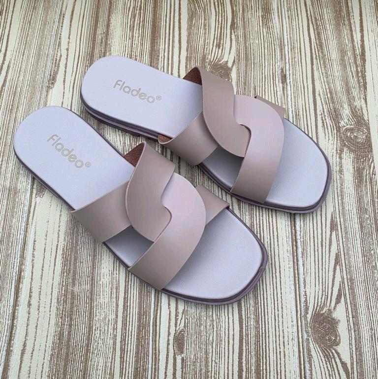 Sandal Slop Wanita Silang triple Terbaru Hak Datar 1 cm Kulit Sintesis/sandal flat wanita kekinian 7
