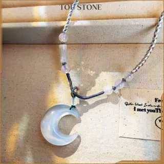 TOU STONE Kalung Wanita Liontin Necklace Moonstone Hadiah Ulang Tahun Cahaya Bulan Sabit Cantik 6