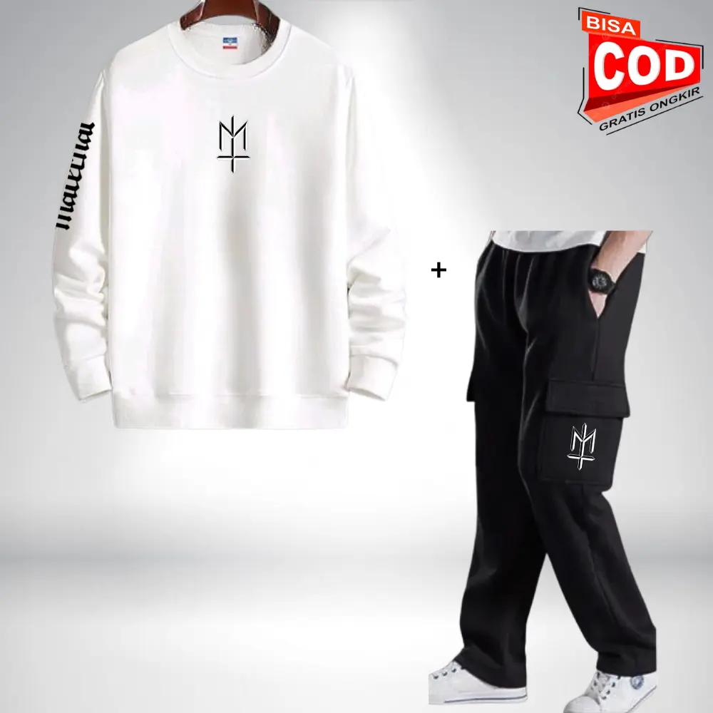 One Set Crewneck Setelan Pria Wanita Setelan Sweater Dan Celana Panjang Cargo Pria Wanita Keren Warna Putih Dan Hitam