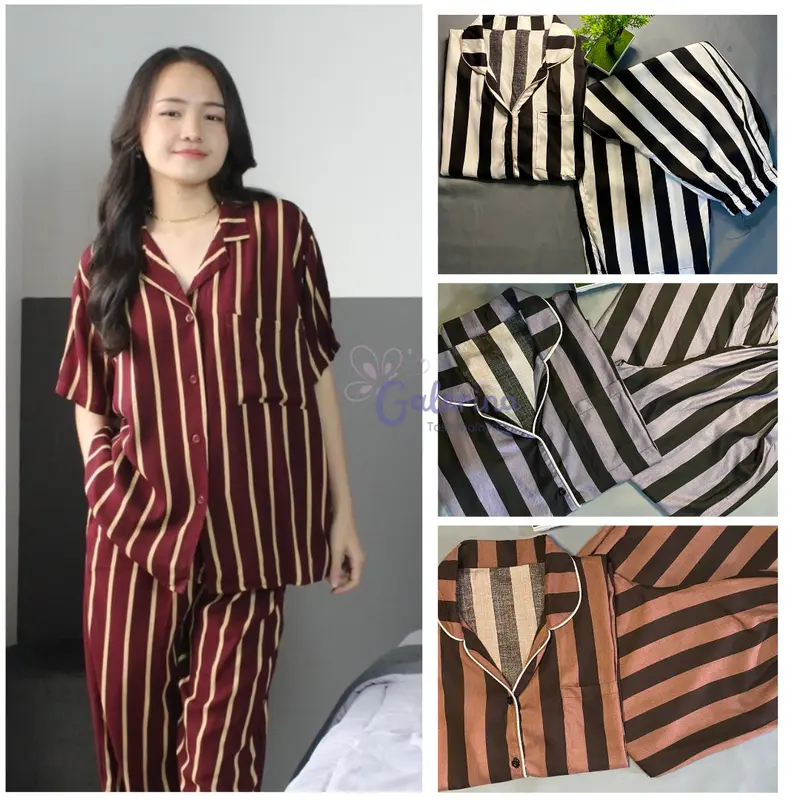 baju piyama couple pasangan suami istri keren  korean style murah cowok cewek dewasa lengan pendek celana panjang motif salur 0
