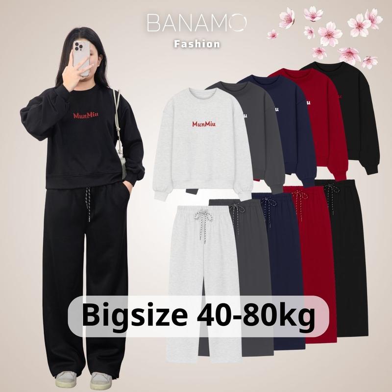 Set đồ nỉ nữ BIGSIZE Banamo Fashion áo sweatshirt phối quần suông ống rộng cạp chun dây rút mặc ở nhà đi chơi 145