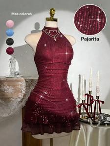 Vestido mini transparente sin mangas con cuello halter y lentejuelas, ajustado, con bajo con volantes; vestido de noche brillante sexy para discoteca, citas, como invitada de boda, baile de graduación, festival y fiesta.