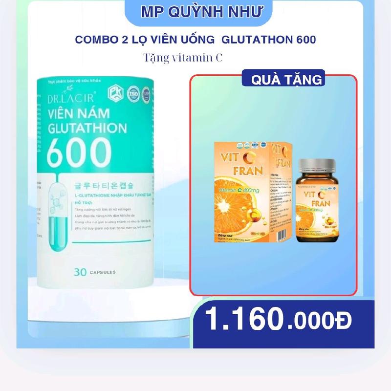   02   COMBO 2 HỘP: GLUTATHIONE 600 HỖ TRỢ TRẮNG DA LÀM ĐẸP DA - Hộp 30 viên ++ + Tặng Vitamin C 