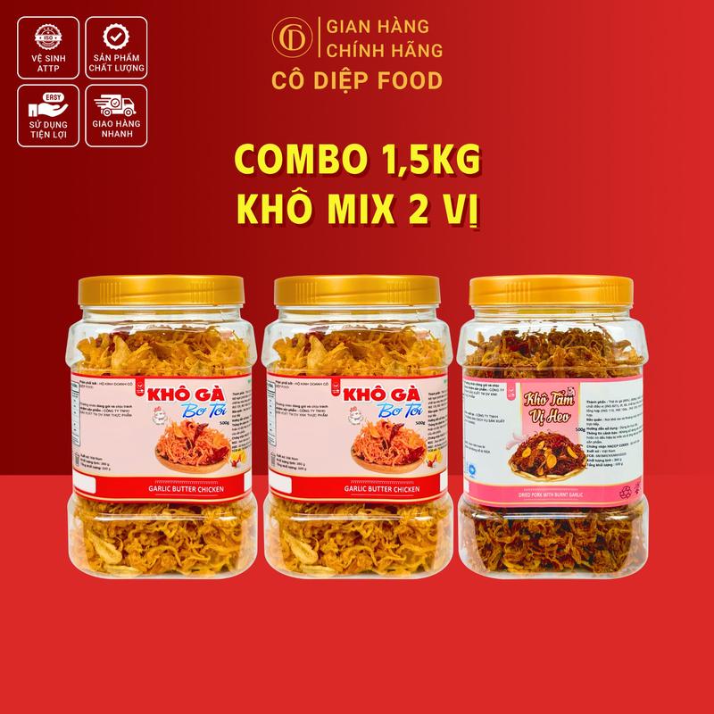  1.5KG Khô Mix Vị  Combo 1KG Khô Gà Chanh Bơ Tỏi L1+ 500Gr Khô Tẩm Vị Heo L1  - Cô Diệp Food  Đầy Đủ Hồ Sơ Công Bố & Kiểm Nghiệm Sản Phẩm  