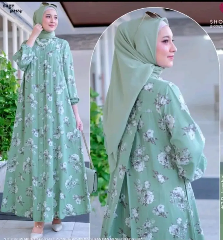 GAMIS SILANG BELAKANG JUMBO BAHAN CRINGKEL ALEVA MOTIF SAKURA FULL KANCING SAMPAI BAWA FREE BROSS MUSLIM WANITA GAUN PESTA KONDANGAN MEWAH DRES SALUR Karet Maxi Syari 1