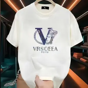 Kaos Pendek Versace Klasik Retro Logo, Bahan Katun Murni Berkualitas Tinggi, Trendy untuk Pria