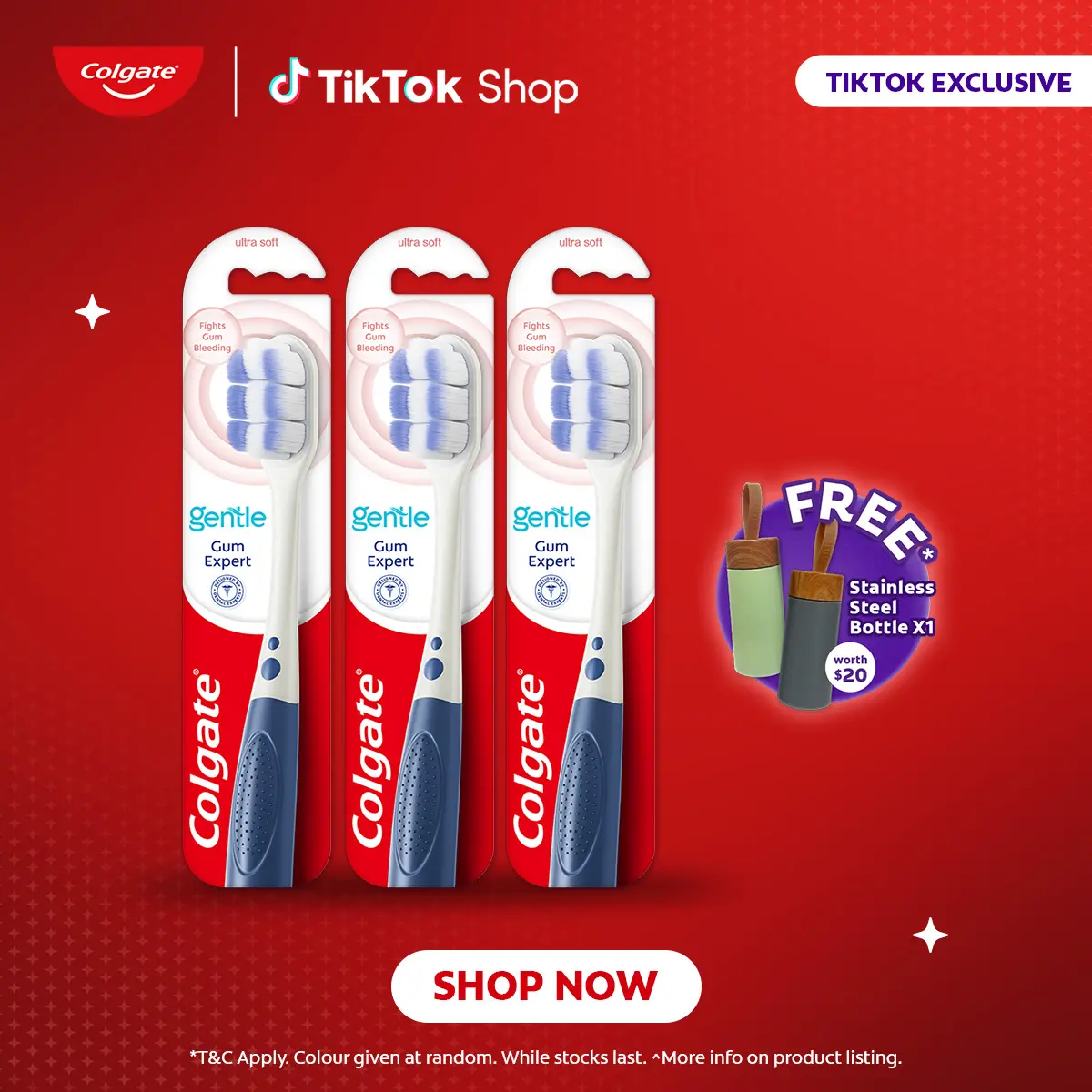 COLGATE Gentle Gum Expert Toothbrush [Bundle of 3] + FREE Stainless Steel Tumbler (colour may vary)