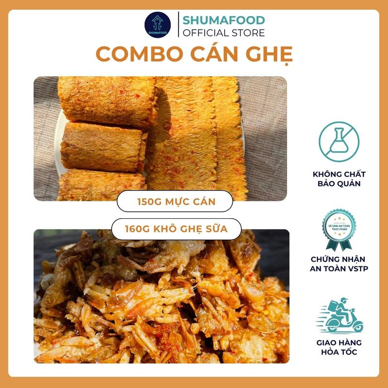 Combo Cán Ghẹ 310g gồm: 150g khô mực cán nguyên miếng 160g ghẹ sữa chiên giòn Shumafood Snack Ăn Vặt